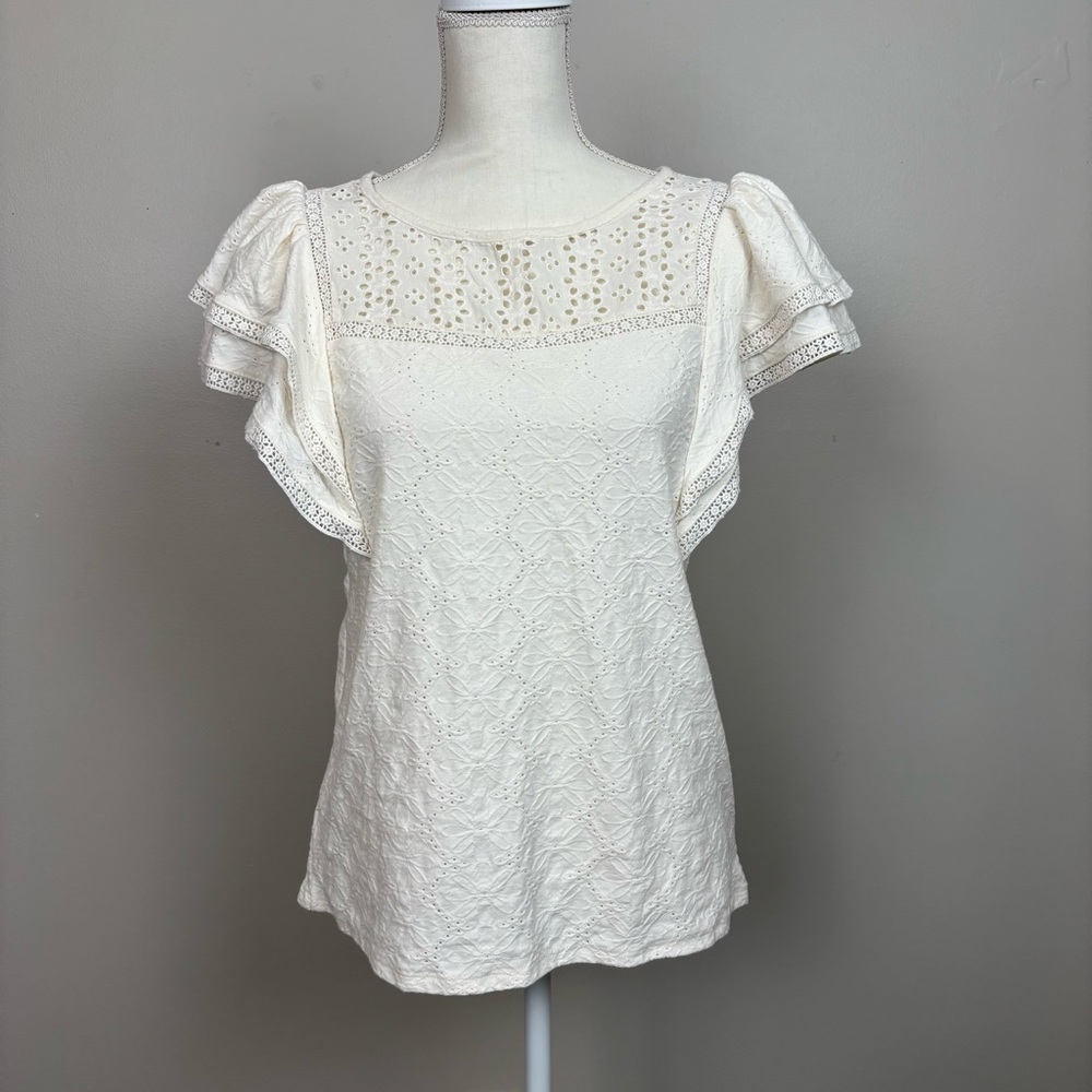 Loft Top Large Petite Ivory Woven Knit Flutter Sleeve Eyelet Blouse